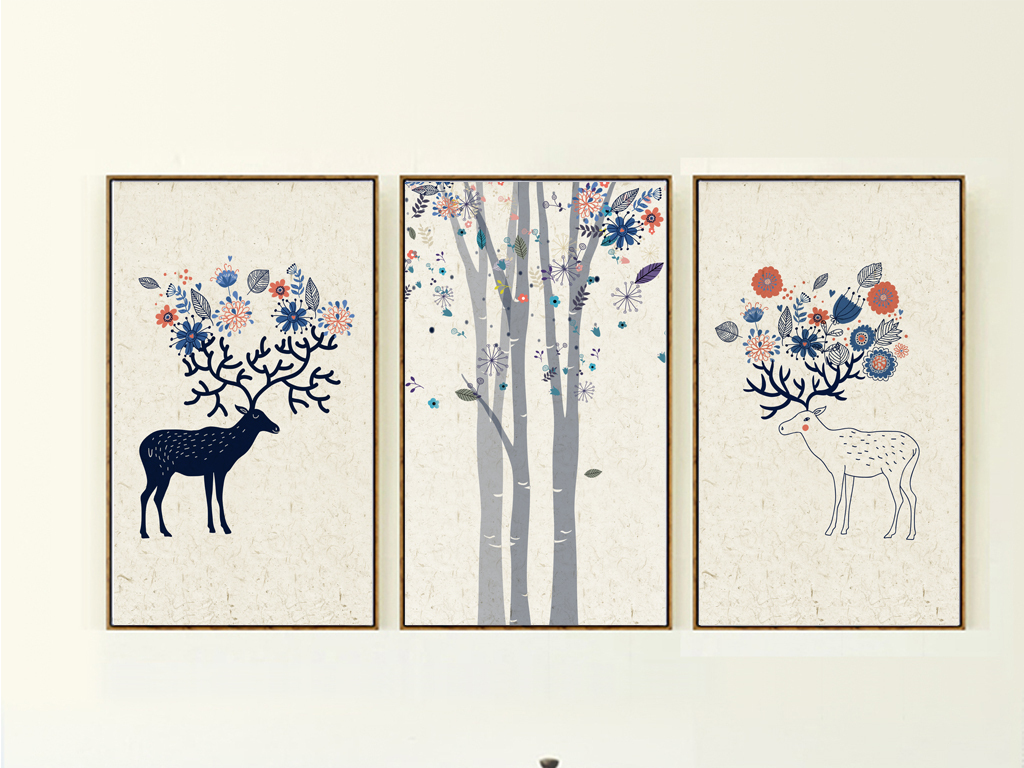 麋鹿森林北欧无框画手绘鹿装饰画
