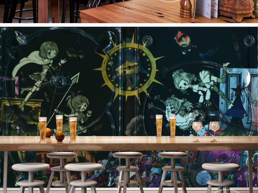 个性少女漫画主题酒吧暗黑风格壁画背景墙图片设计素材_高清模板下载