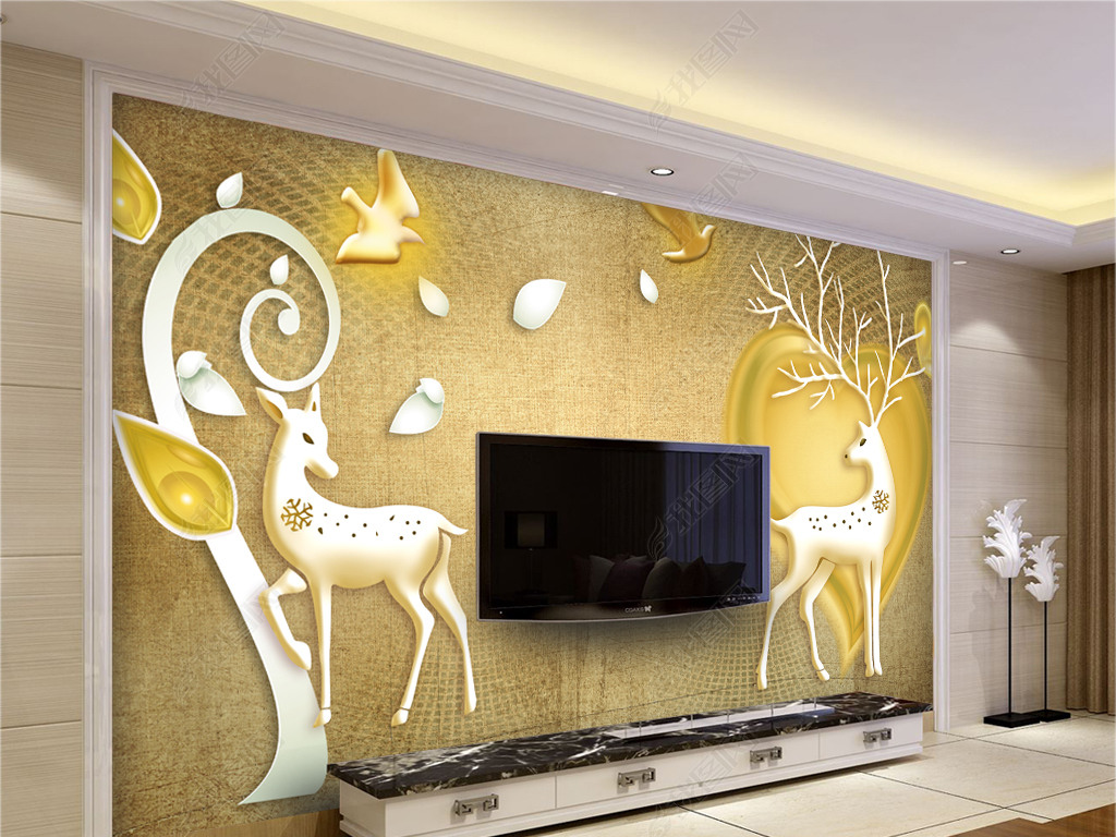 鹿心形背景墙下载-编号15755877-浮雕电视背景墙-我图网