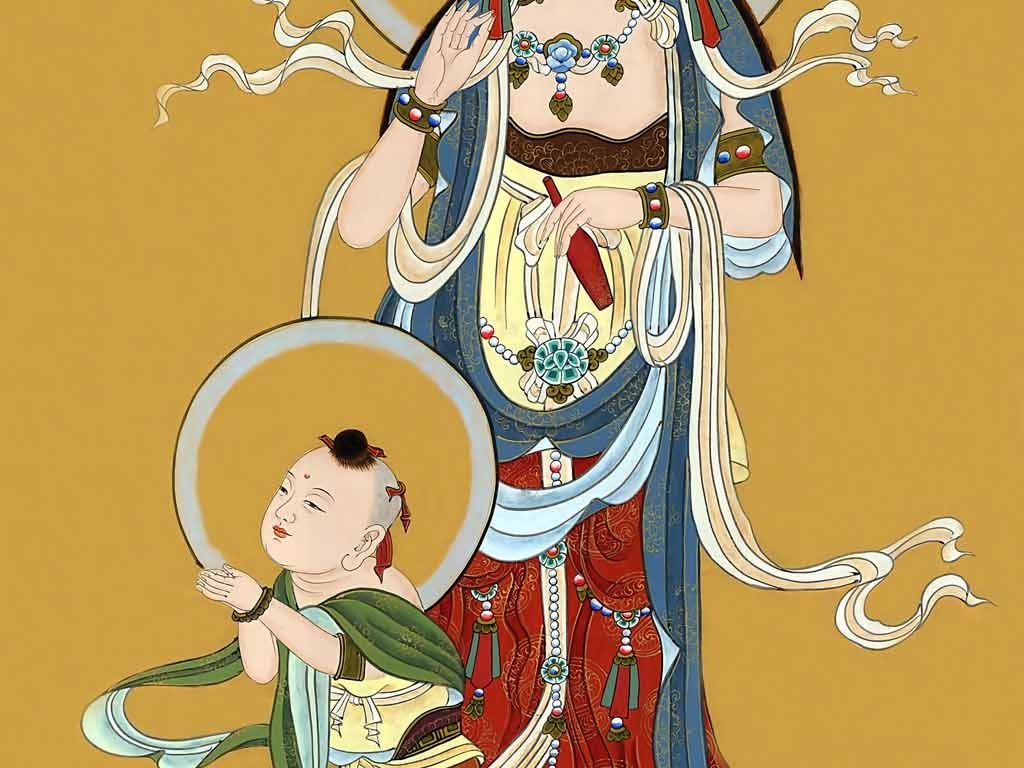 高清童子拜观音玄关装饰画壁画背景画