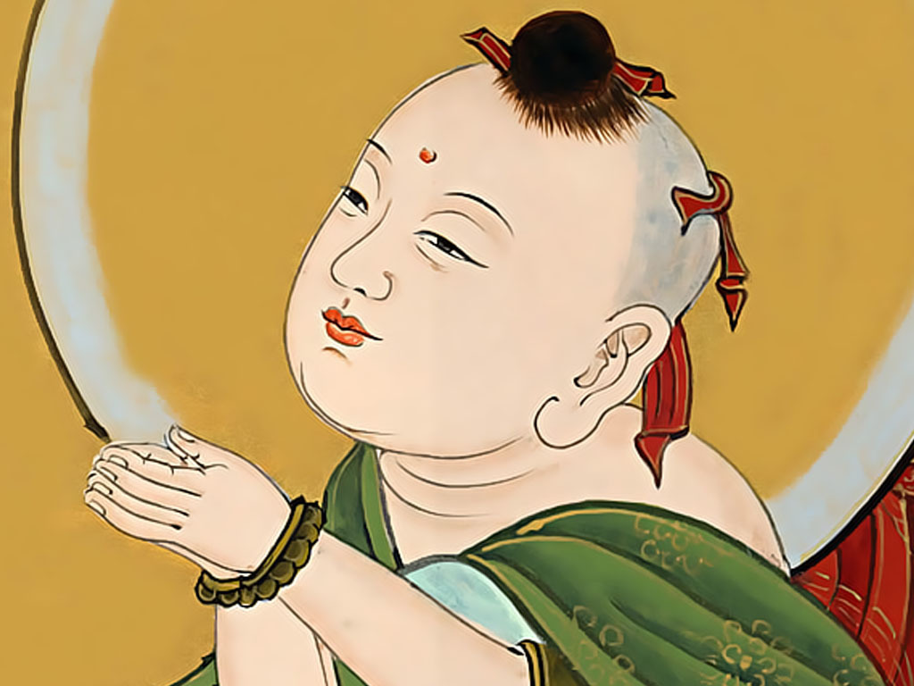 高清童子拜观音玄关装饰画壁画背景画