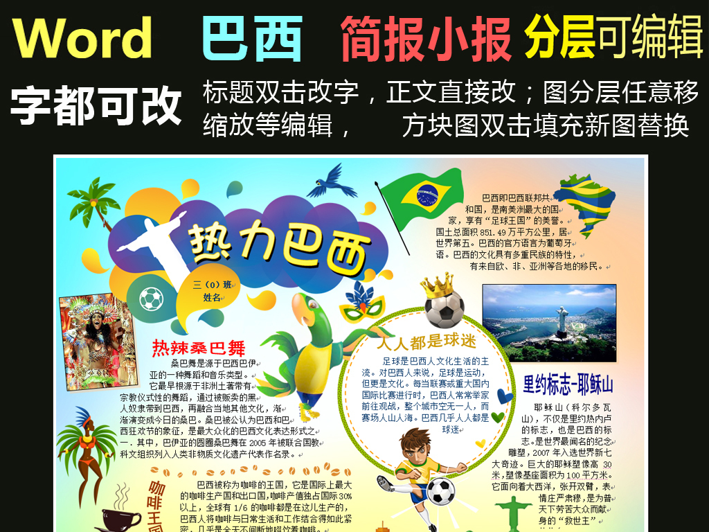 word电子小报模版地理旅游巴西风情