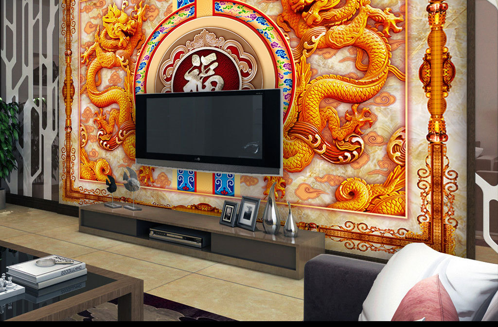 双龙戏珠中国龙大理石纹电视背景墙