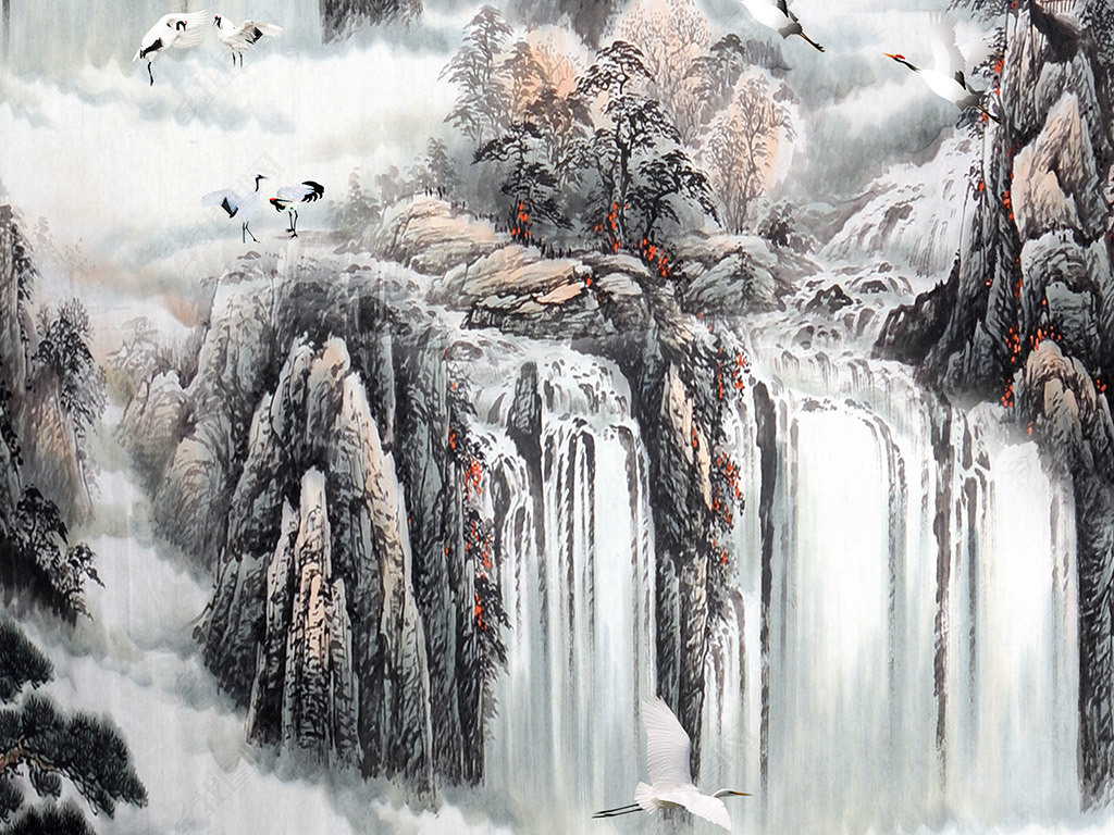 江山多娇山水画水墨画中式玄关下载-编号15847027-动物花鸟玄关-我