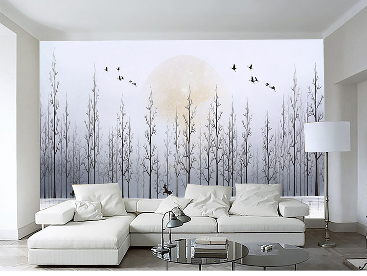 新中式黑白风景意境文艺麋鹿树林壁画背景墙