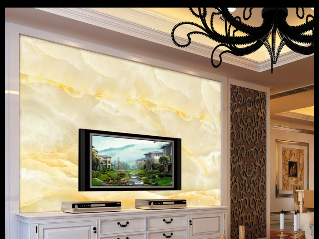 高清米黄大理石纹玉石电视背景墙