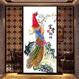 祥瑞凤凰水墨国画中式玄关工笔凤凰