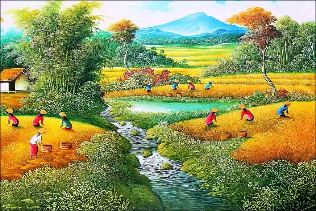 原创高清金色秋天收割水稻油画背景墙装饰画版权可商用