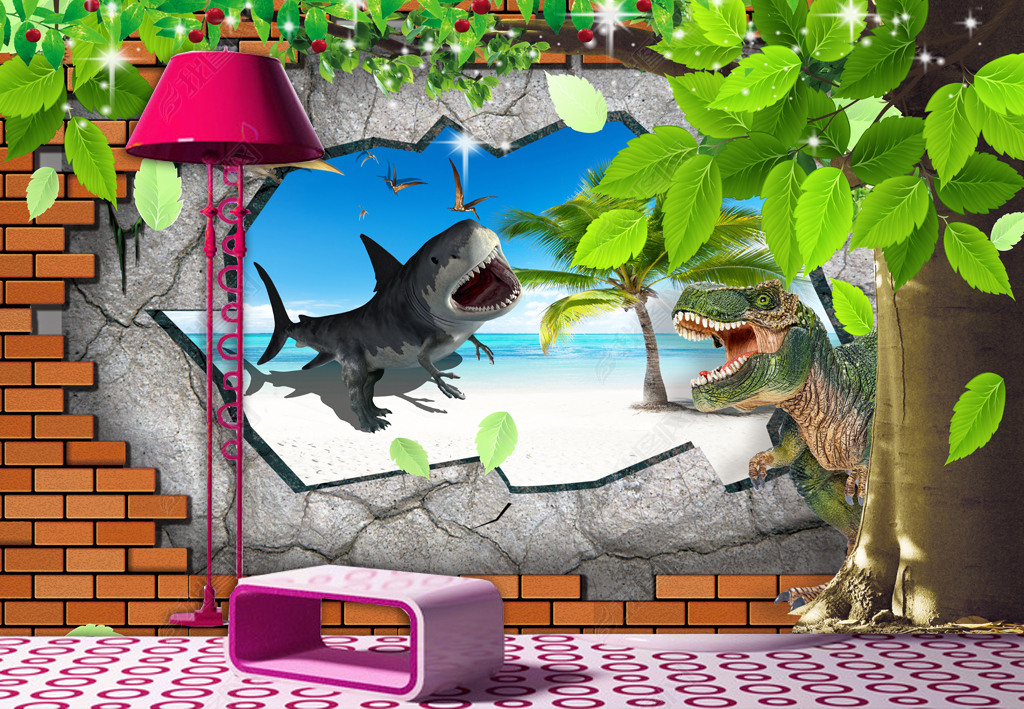 3d卡通大树风景立体儿童房壁画