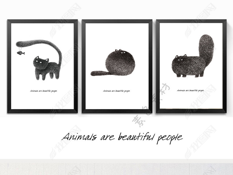可爱的动物现代简约手绘黑白猫三联装饰画