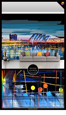 手绘城市夜景星空倒影油画壁画背景墙装饰画