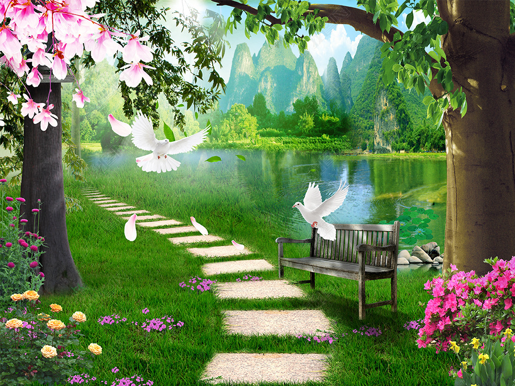 原创绿树成荫小路草地椅子大树山水玉兰花卉背景