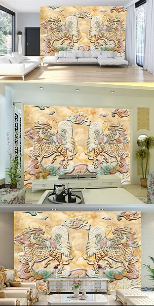 中国风吉祥招财神兽大堂客厅背景墙壁画