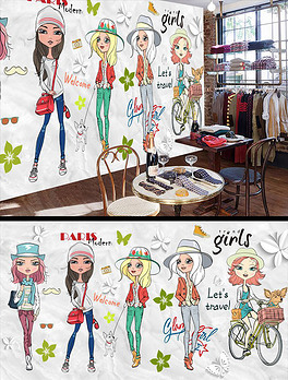 手绘卡通女孩时装秀背景墙