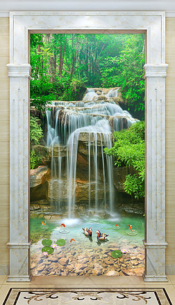 高清山水瀑布3d风景画玄关装饰立体背景墙