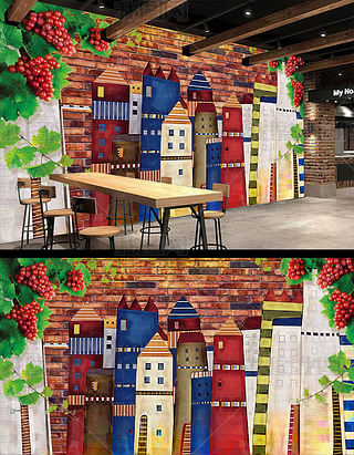 彩绘服装创意设计背景墙|彩绘酒吧餐厅服装店背景墙