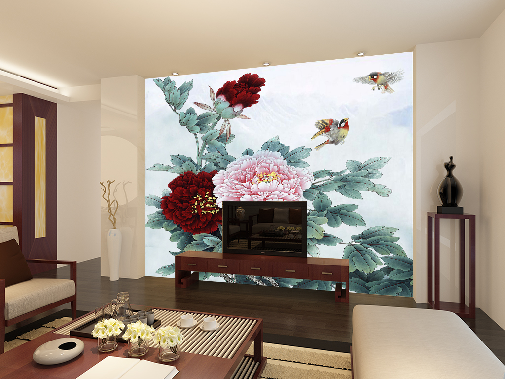 花开富贵牡丹花鸟电视背景墙装饰画