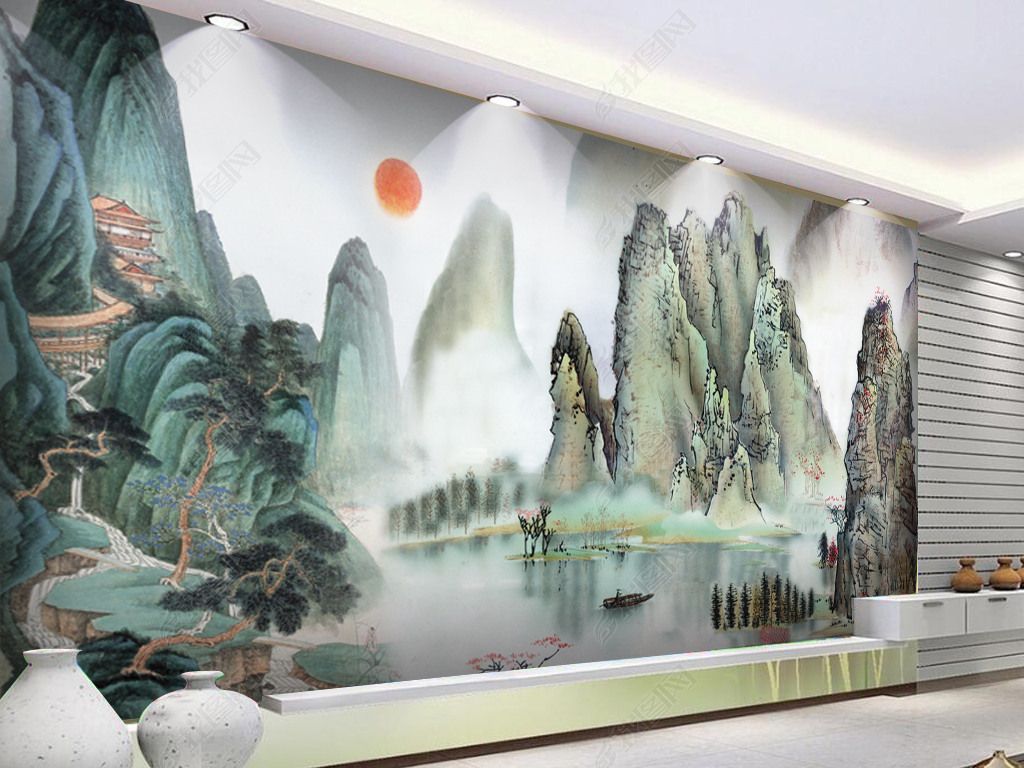 山水国画桂林山水风景画水墨画电视背景墙