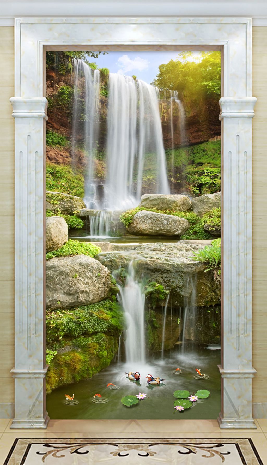 原创原创3d瀑布风景画流水生财立体玄关背景墙版权可商用