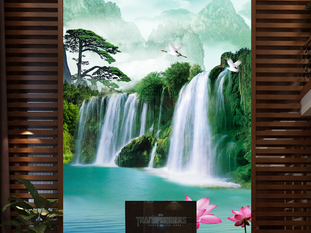 流水生财迎客松瀑布山水玄关装饰画