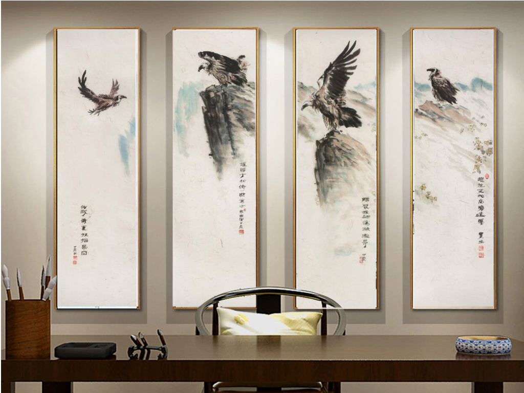 新中式四条屏雄鹰国画无框装饰画