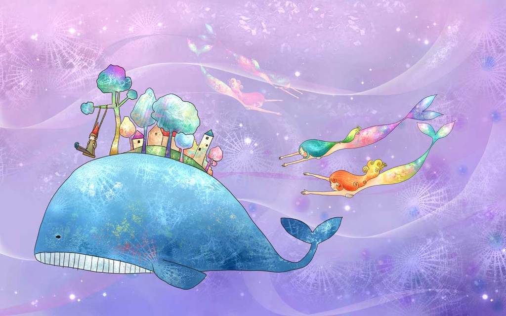 梦幻海底鲸鱼卡通儿童房背景墙