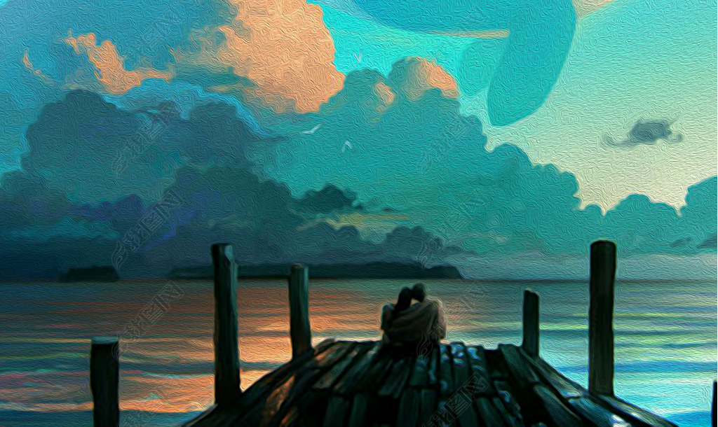 原创水彩创意情侣鲸鱼餐厅无框画版权可商用