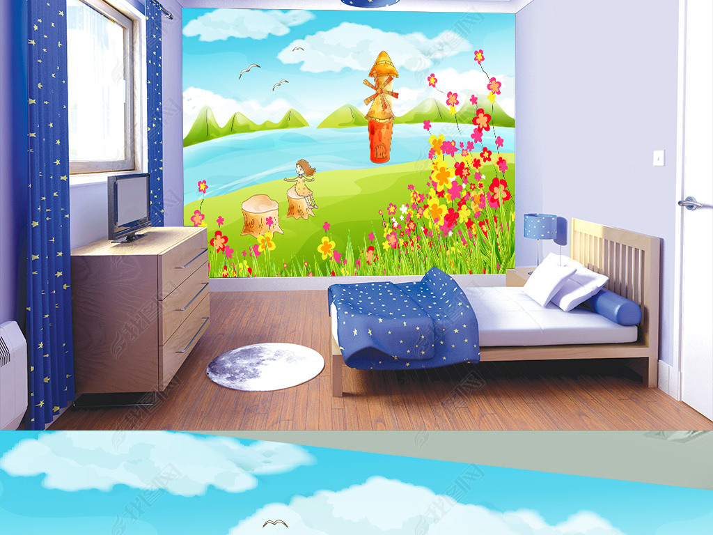 手绘小清新卡通画儿童房卧室背景墙