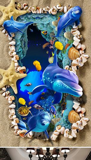 海底世界海豚海螺贝壳3d立体画玄关背景墙