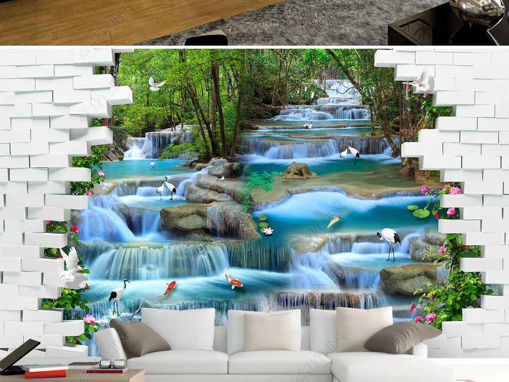 原创流水瀑布3d风景画电视沙发背景墙壁画版权可商用