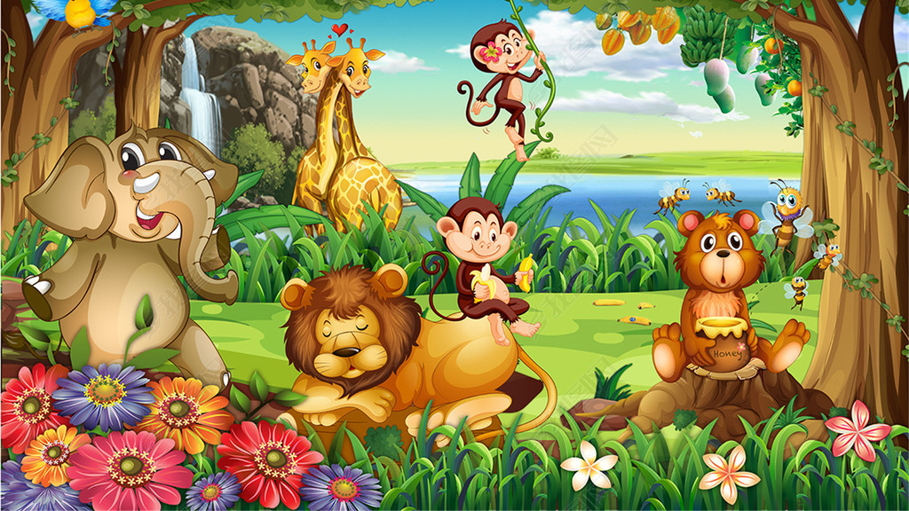 原创森林动物儿童房壁画背景墙