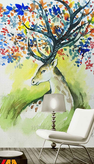 北欧手绘麋鹿现代玄关背景装饰画