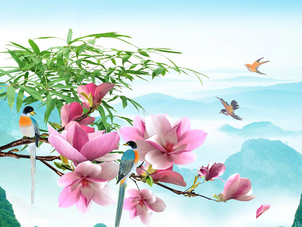 超美中国风中式花鸟山水风景画玄关背景墙