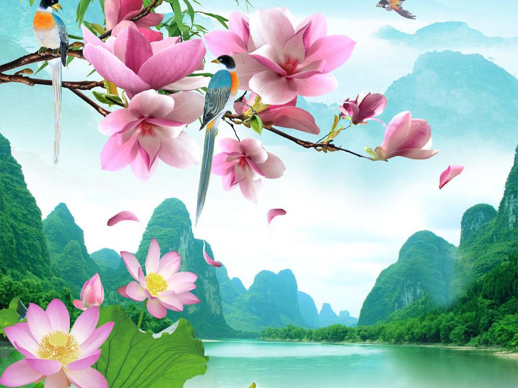 超美中国风中式花鸟山水风景画玄关背景墙