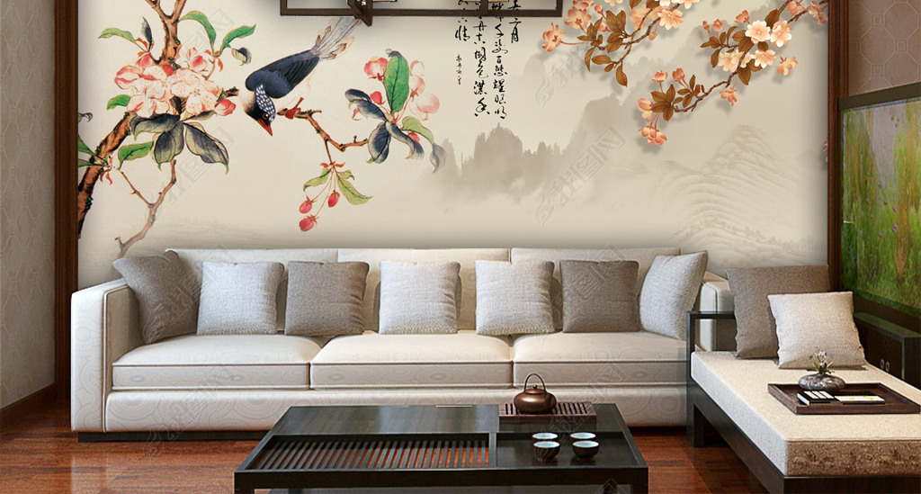 原创暮春三月国画山水风景画电视背景墙