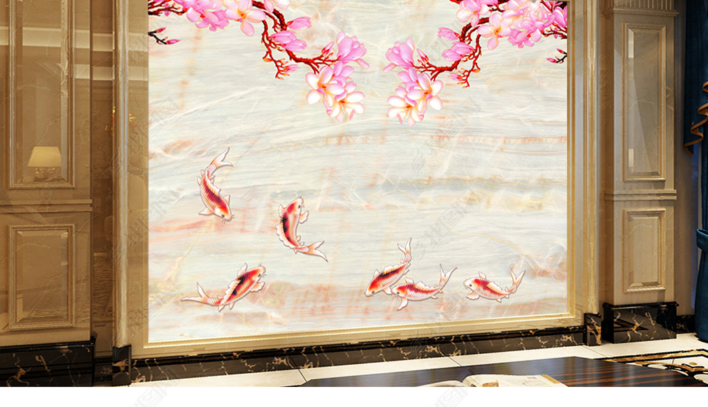 原创年年有鱼大理石背景墙版权可商用