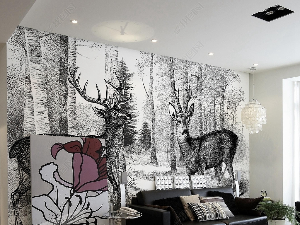 黑白复古怀旧森林麋鹿手绘背景墙装饰画
