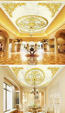 简欧金色圆形花纹图案天花吊顶背景墙