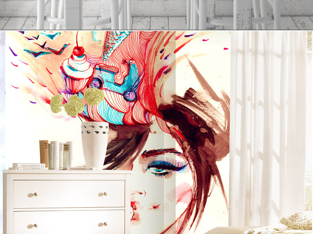 高清手绘时尚美女玄关背景墙装饰无框画