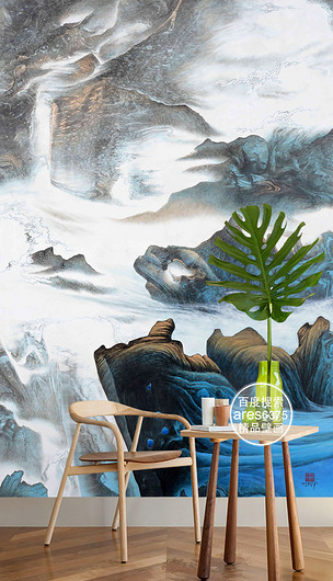 中式水彩手绘泼墨山水意境壁画玄关背景墙