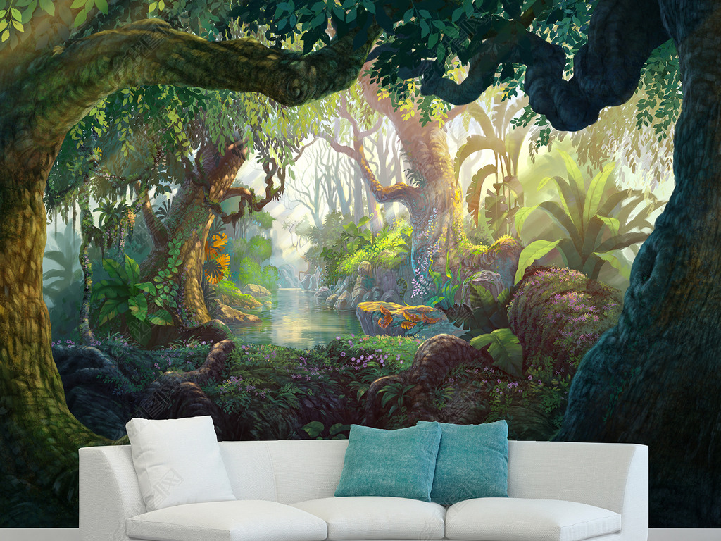 现代手绘热带原始森林卡通风格儿童房背景墙