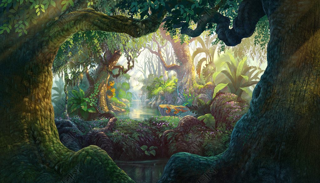 现代手绘热带原始森林卡通风格儿童房背景墙