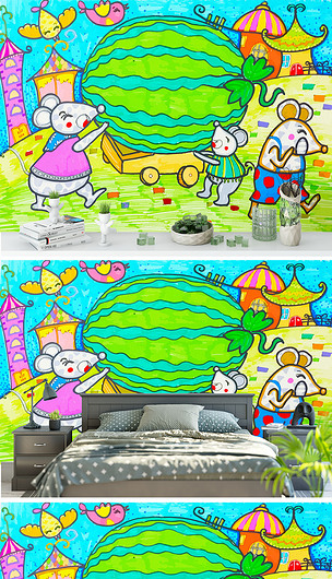 可爱小老鼠偷西瓜手绘