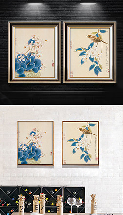 新中式花鸟树枝梅花桃花工笔国画装饰画