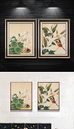 新中式花鸟绿色树枝工笔国画装饰画