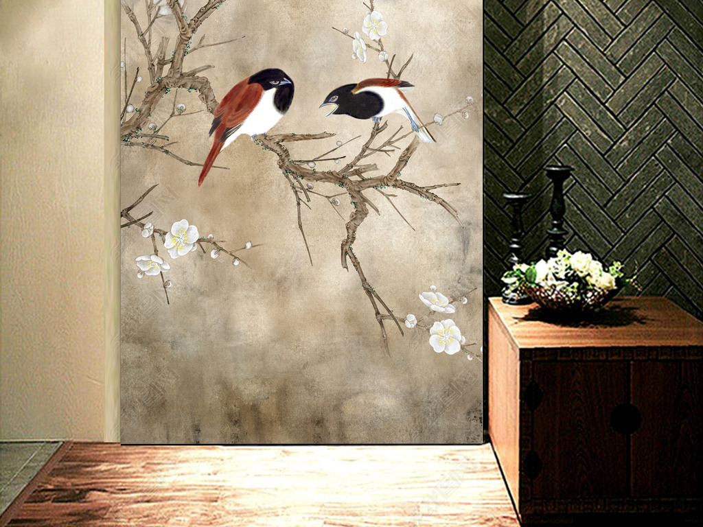 中式国画花鸟玄关背景墙壁画