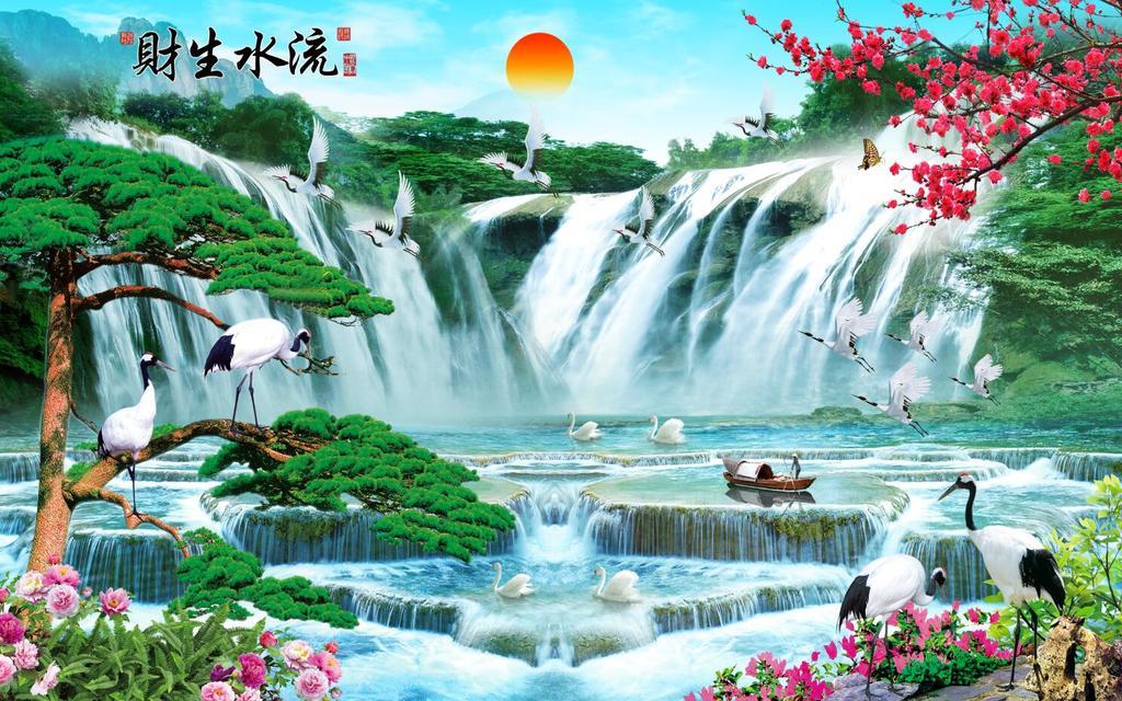 流水生财之山水画瀑布风景画