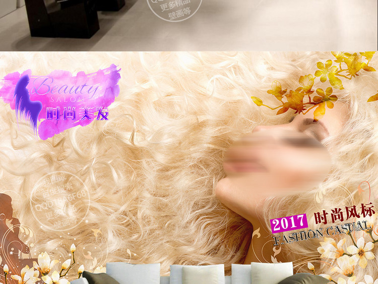 超清时尚个性潮流美女理发店背景墙壁纸装饰画
