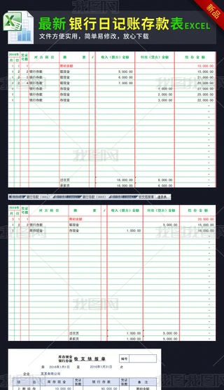 银行现金日记账存款表格模板收支结报单