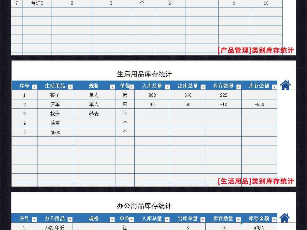 通用仓库出入库存统计表格模板按多类别统计